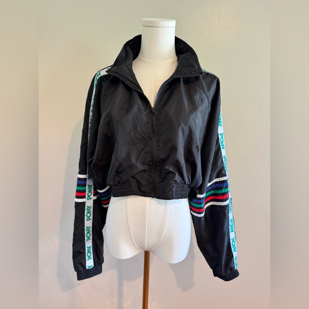 Pony Black Bomber Jacket with Green Logo Tape and Multicolor Stripes
